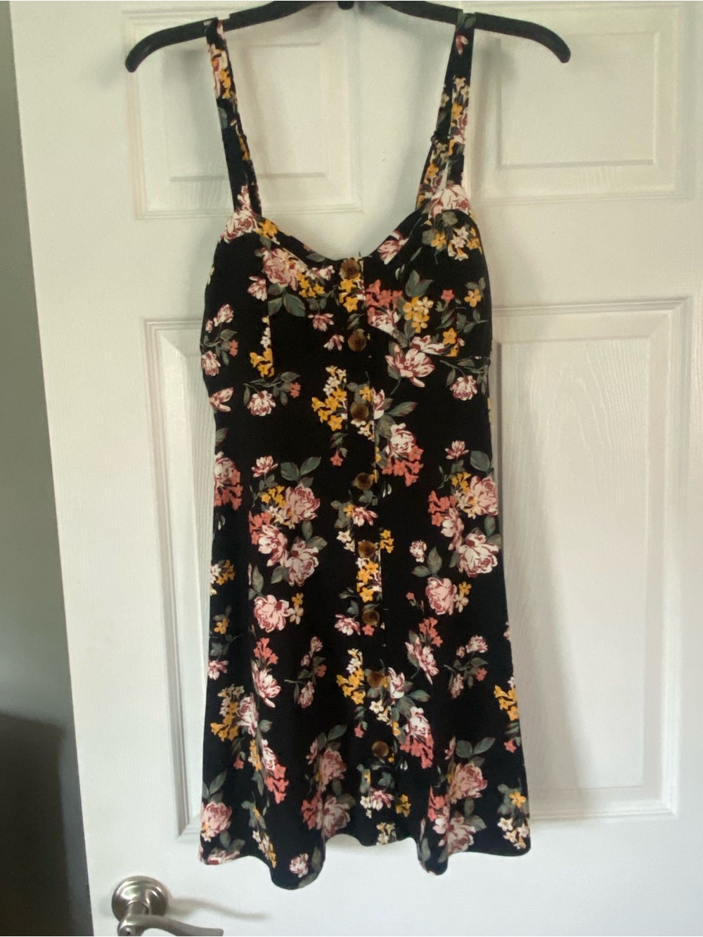 No Boundaries Black Floral Button-Front Sundress with Pink and Yellow Accents